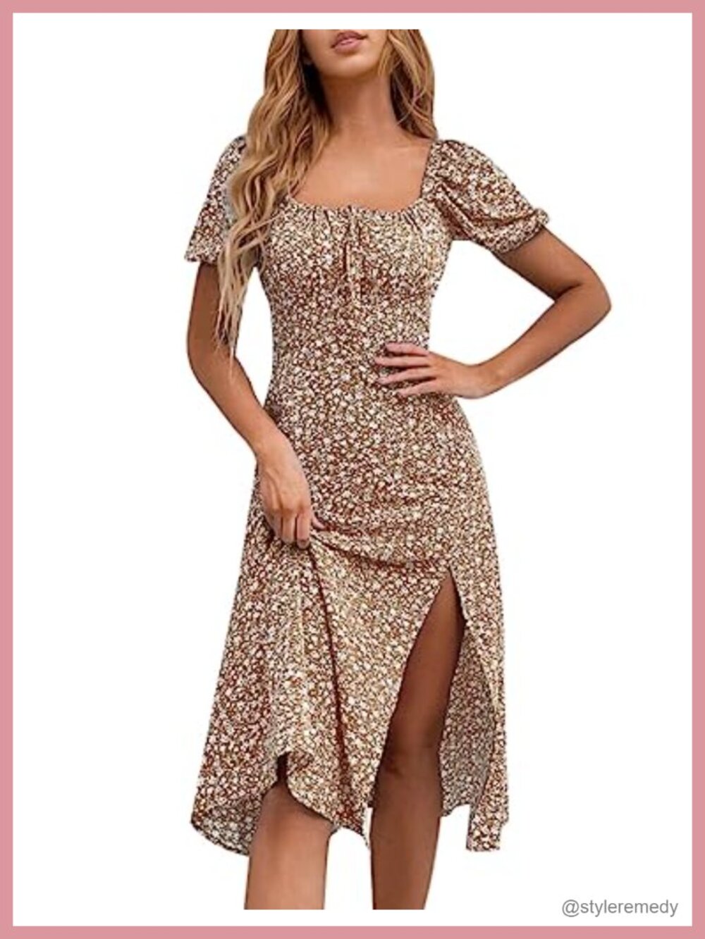 Women's Floral Midi Dress Puff Sleeve Square Neck Ruched Boho Casual Summer